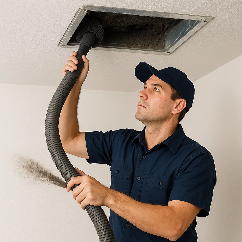 South Houston TX technician removing deep dust, debris, and allergens from supply ducts and trunk lines
