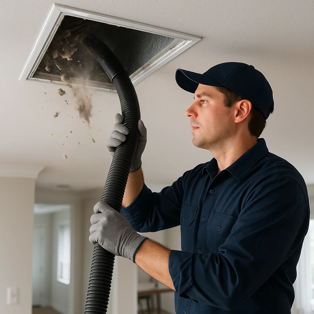South Houston TX technician using rotary tools and negative-air vacuum systems to restore HVAC ducts